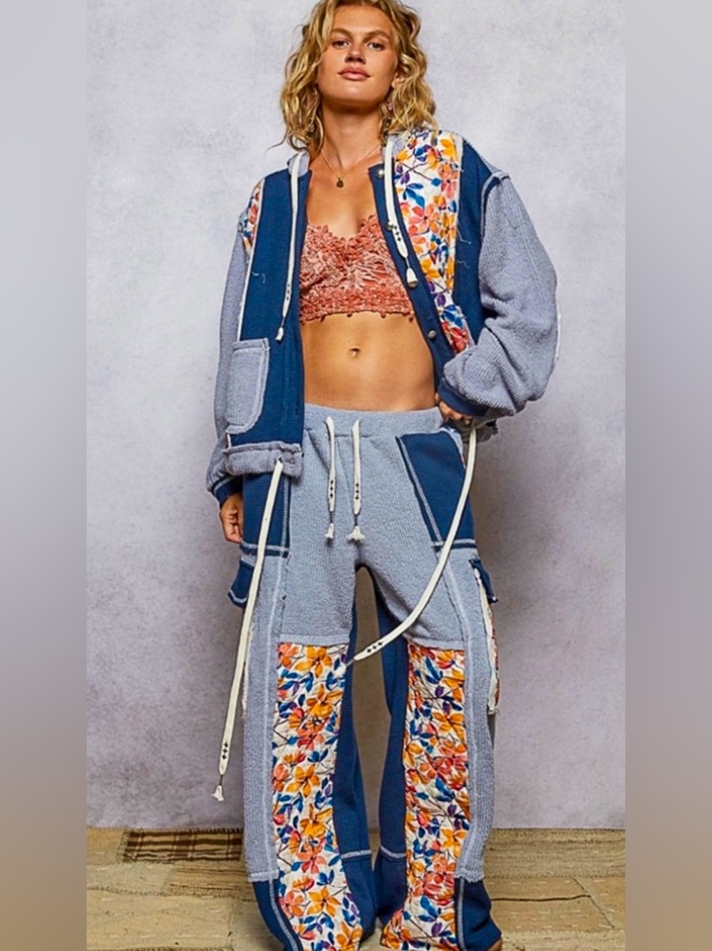 POL Patchwork Floral Hooded Jacket in Navy & Lavender size M